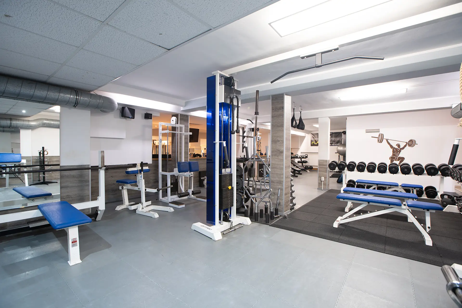 Weitläufiger Trainingsbereich im Fitnessstudio Body & Soul in Billerbeck mit Kraftgeräten, Hantelbänken, Kabelzugstationen und Freihantelbereich, übersichtlich und hell ausgeleuchtet.